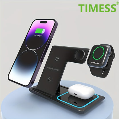 TIMESS-Wireless Charging Station 3-in-1 Standard 15W Fast Mag-Safe Charger Stand with QC3.0 Adapter, Suitable for iPhone 15 14 13 12 11 X 8 Pro Max/Pro/Mini/Plus, iWatch Ultra 9/8 7/6/5/4/3/2, AirPods 3/2