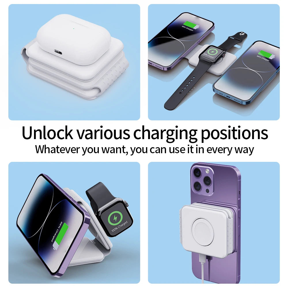 Mini 3-in-1 Folding Magnetic Wireless Charger Dock 15W Fast Charging for iPhone IWatch for AirPods 5V Output Promotion Gift